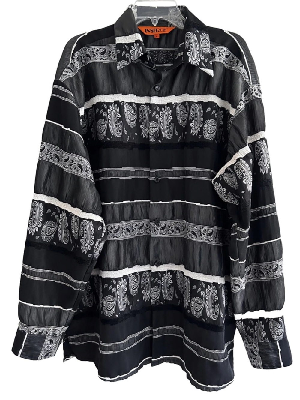 Inserch | Button Front Shirt Mens Size XL Black Paisley Striped Collar Top